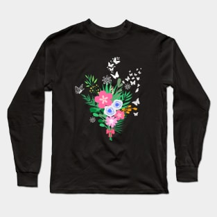 Flower Face Mask, Flower and Butterfly Face Mask, Floral Bundle Face Mask, Face Mask For Women. Long Sleeve T-Shirt